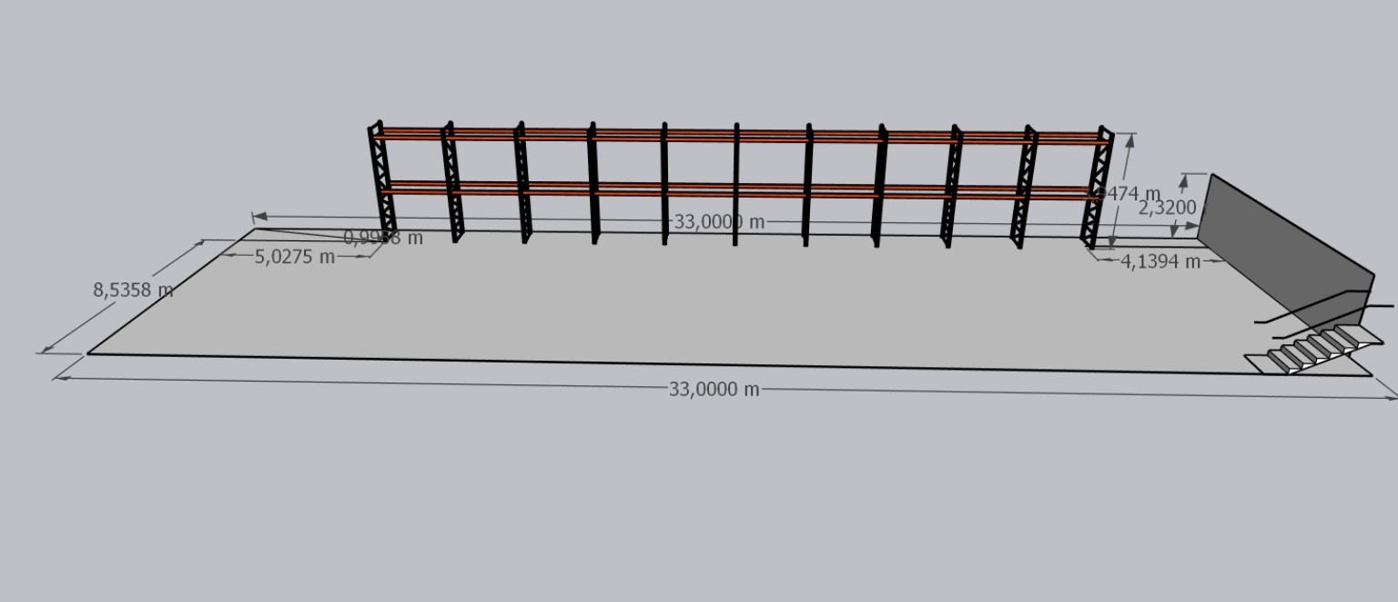 Modelo 3D de layout de estrutura de armazenagem em um espaço de 33 metros